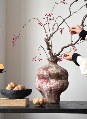 侘寂风粉色做旧花瓶摆件民宿插花陶罐花艺套餐客厅高级感软装摆设