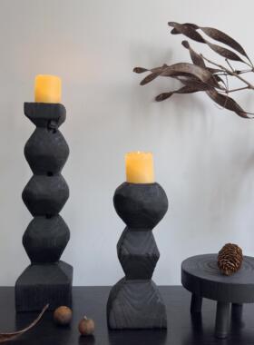 侘寂风木质碳化黑色烛台摆件复古高级感拍照氛围道具香薰蜡烛台