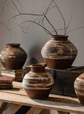 侘寂风复古粗陶花瓶摆件民宿酒店插花器新中式陶罐客厅装饰品摆件