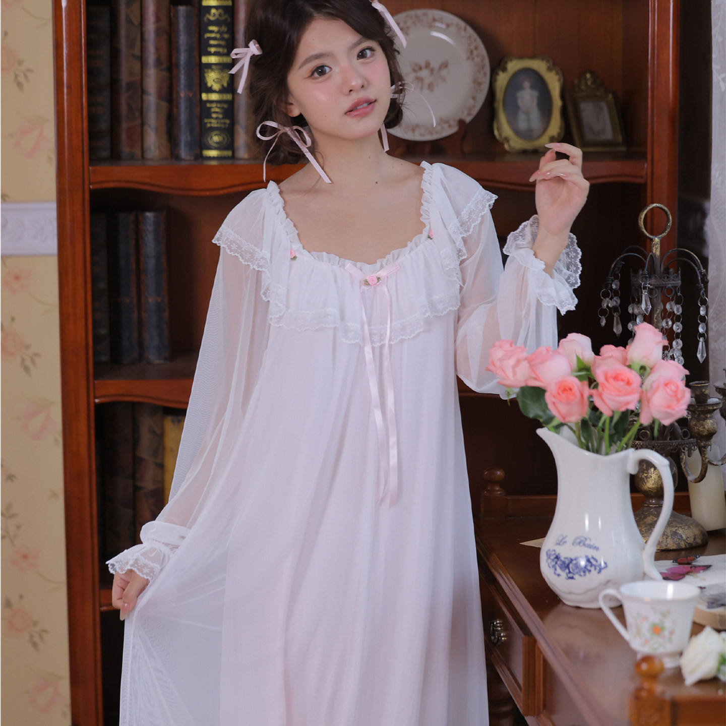 2026新款法式宫廷风莫代尔睡裙女款长袖蕾丝长款高级感睡衣女夏季