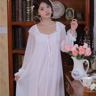 2026新款法式宫廷风莫代尔睡裙女款长袖蕾丝长款高级感睡衣女夏季
