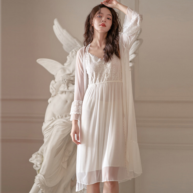 莫代尔纯欲风网纱长袖睡裙女款2026新款带胸垫性感吊带两件套睡衣