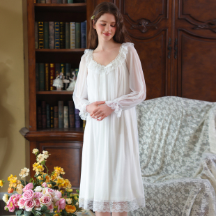 法式宫廷风女士莫代尔性感睡裙女款2026新款蕾丝网纱长袖长款睡衣