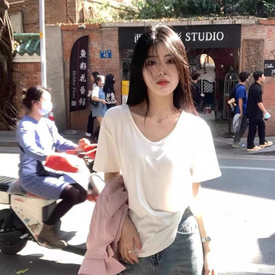 v领t恤女2025新款夏季新款白短袖正肩宽松慵懒风显瘦低领白色上衣