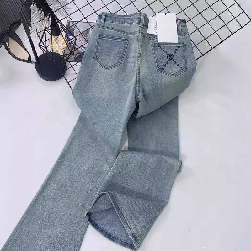 韩版微喇牛仔裤女春季设计感高腰修身显瘦喇叭长裤子浅蓝色马蹄裤