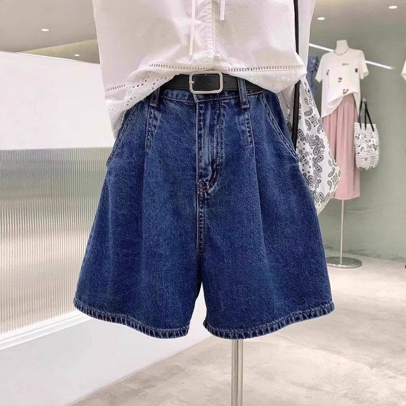 高腰牛仔短裤女夏季新款设计感收褶a字宽松显瘦阔腿短裤藏肉显瘦