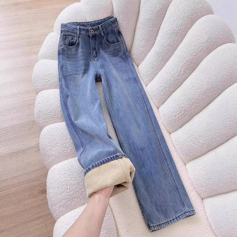 美式复古加绒加厚直筒牛仔裤女冬季新款小个子高腰显瘦窄版阔腿裤