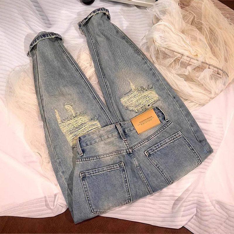 欧货2024秋季新款破洞哈伦牛仔裤女大码宽松显瘦阔腿老爹九分裤子