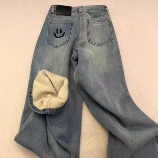 笑脸刺绣加绒加厚阔腿牛仔裤女胖mm大码冬季新款高腰显瘦直筒裤子