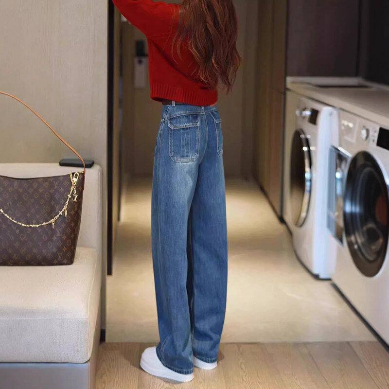 蓝色窄版弯刀牛仔裤女2026年春季新款大码梨型身材高腰显瘦阔腿裤