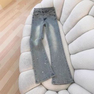 流行洋气星星烫钻闪亮微喇牛仔裤女春季小个子显瘦直筒喇叭马蹄裤