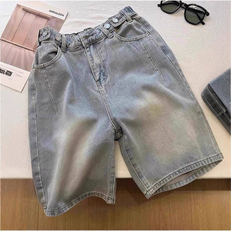 半松紧腰直筒牛仔裤女2025年夏季新款高腰设计感显瘦五分阔腿中裤