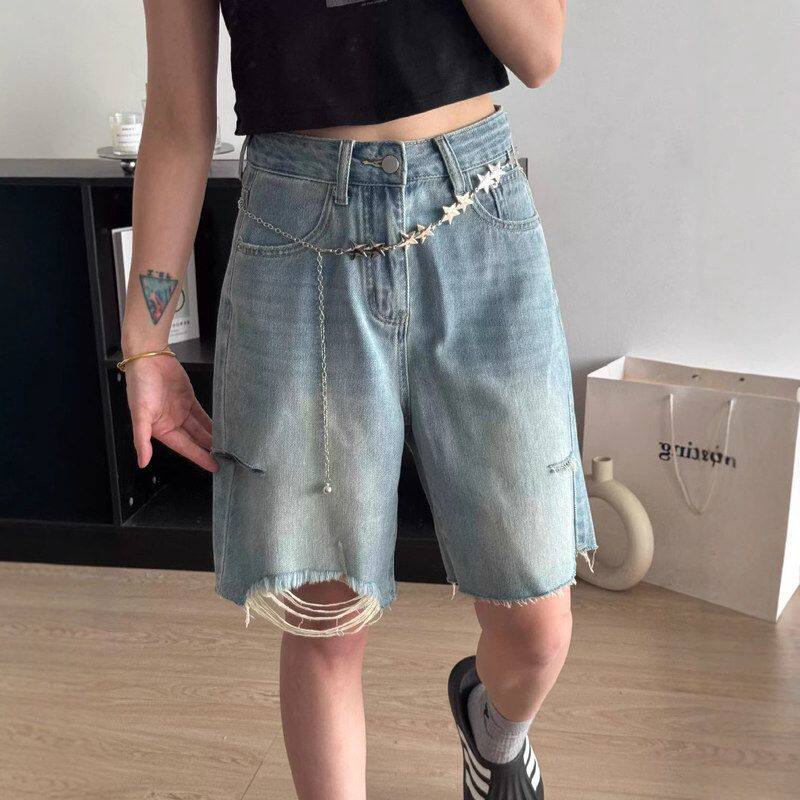 复古破洞牛仔短裤女夏季2025新款高腰宽松显瘦遮肉直筒五分中裤薄