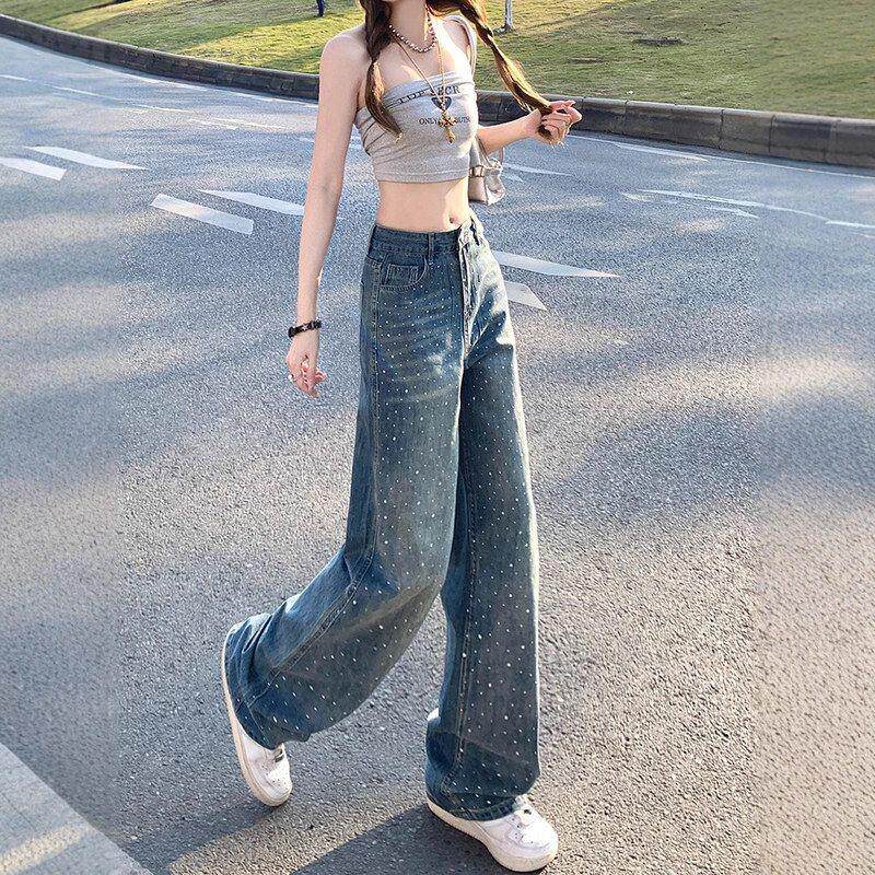 美式蓝色阔腿牛仔裤女2025秋季新款小个子显瘦烫钻高级感直筒裤子