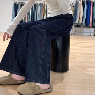 深蓝色直筒牛仔裤女秋冬加绒胖妹妹mm梨型身材高腰宽松显瘦阔腿裤