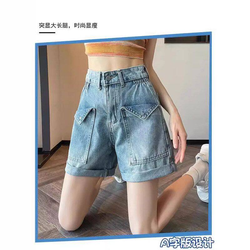 卷边设计感牛仔短裤女2024夏季新款高腰宽松显瘦通勤阔腿热裤子潮