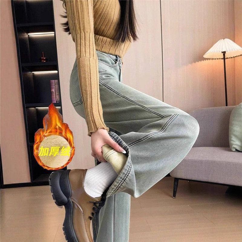 复古加绒直筒牛仔裤女2025秋冬新款胖mm高腰宽松显瘦窄版阔腿裤子