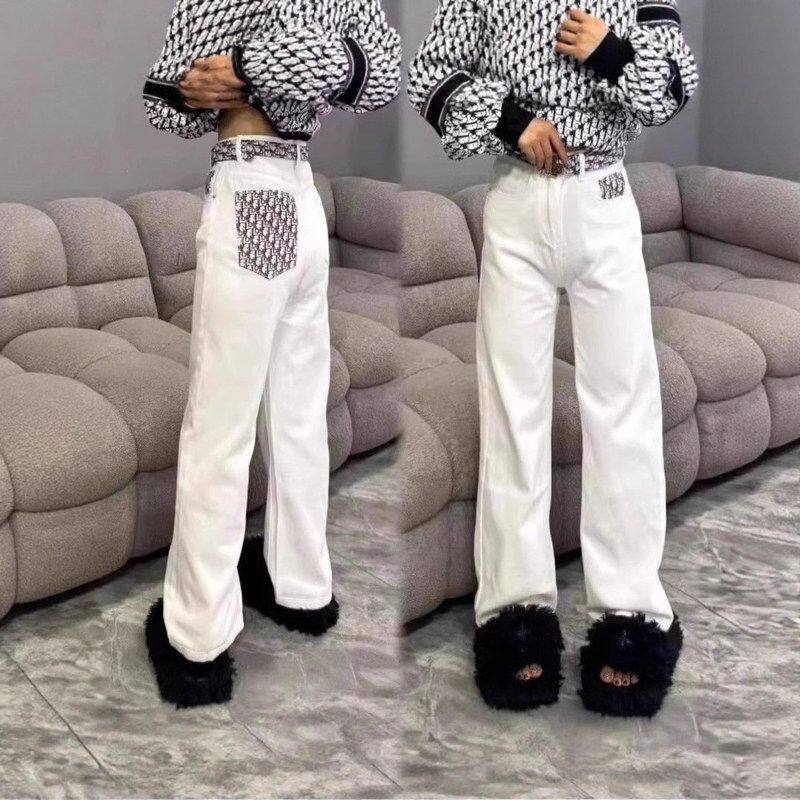 白色口袋拼接高腰直筒牛仔裤女春夏新款气质百搭宽松显瘦阔腿长裤