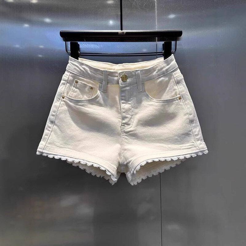 超热辣妹蕾丝花边拼接牛仔短裤2025夏季薄款高腰宽松显瘦a字热裤