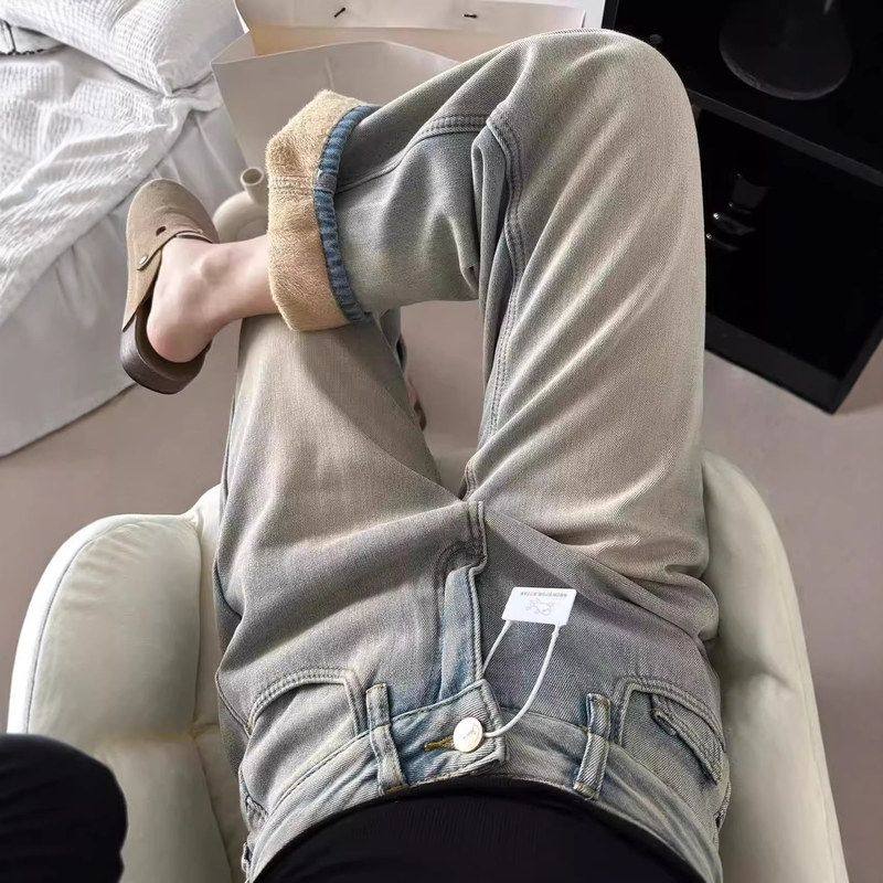 浅色阔腿牛仔裤女2025冬季加绒加厚时尚垂感直筒宽松百搭拖地裤子