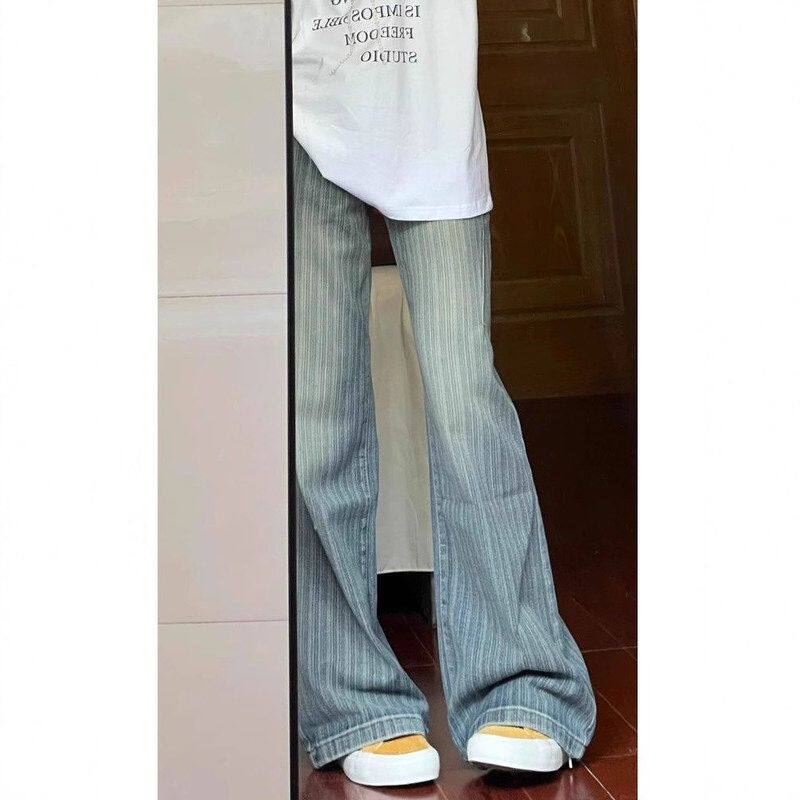美式复古做旧低腰条纹牛仔裤女春秋百搭显瘦垂感直筒阔腿拖地裤子