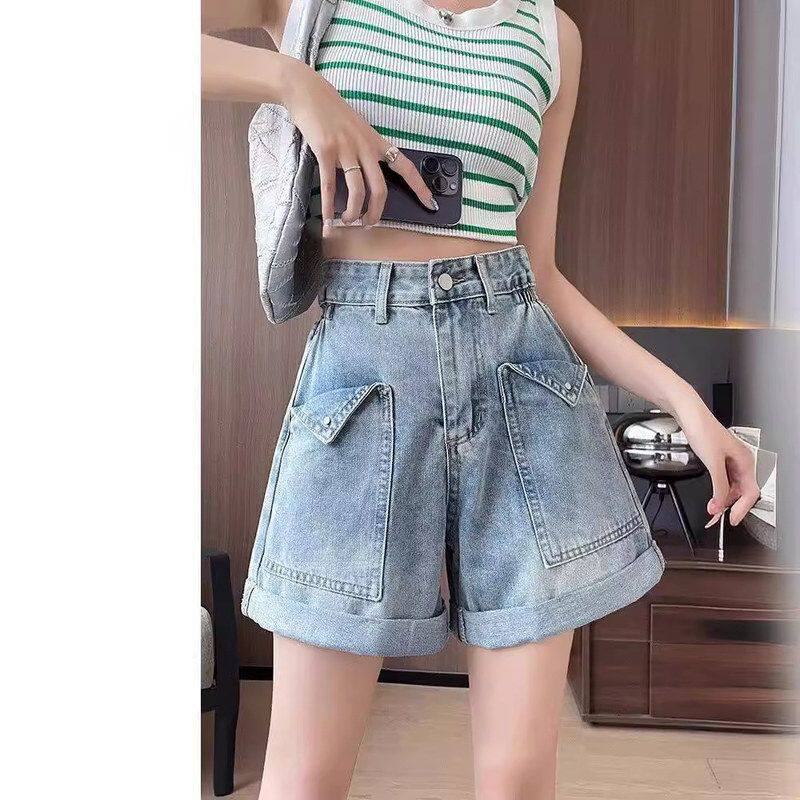 高腰牛仔短裤女夏季薄款2024新款显瘦侧松紧腰卷边四分阔腿热裤子