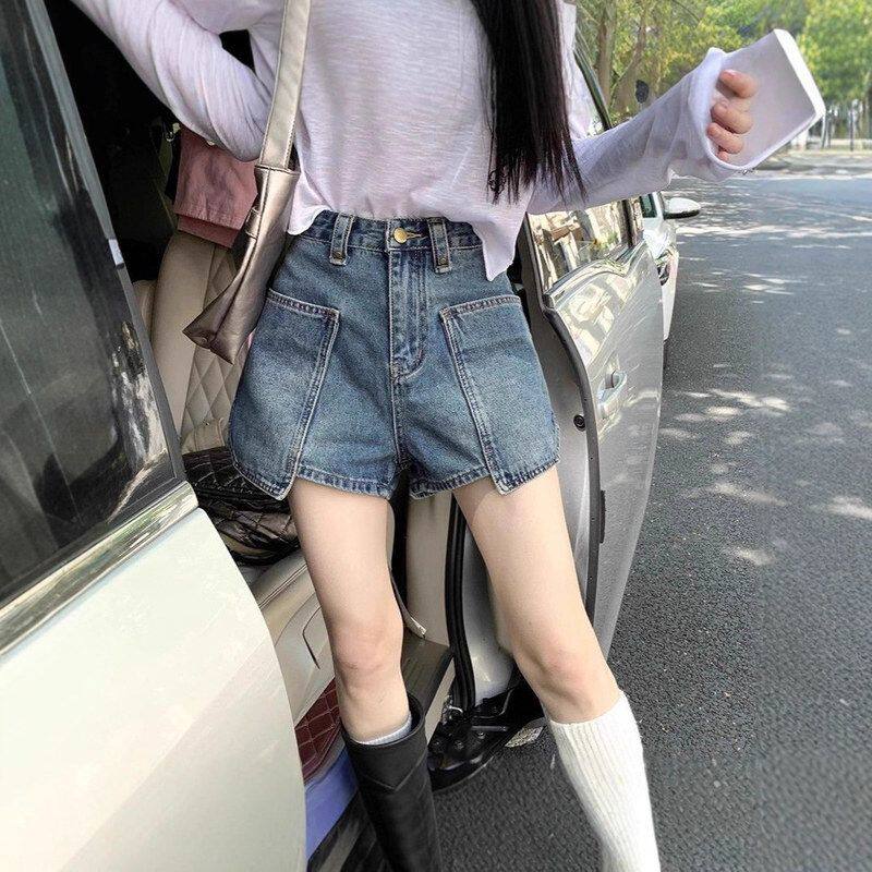 复古辣妹水洗牛仔短裤女2025夏季款工装口袋设计高腰显瘦阔腿热裤