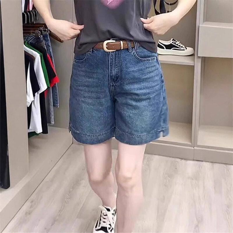 复古高腰牛仔短裤女2025年夏季新款大码胖mm宽松显瘦四分直筒中裤