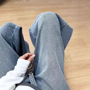 高腰显瘦浅蓝色垂感直筒拖地裤 爆款 子 女春季 满天星烫钻阔腿牛仔裤