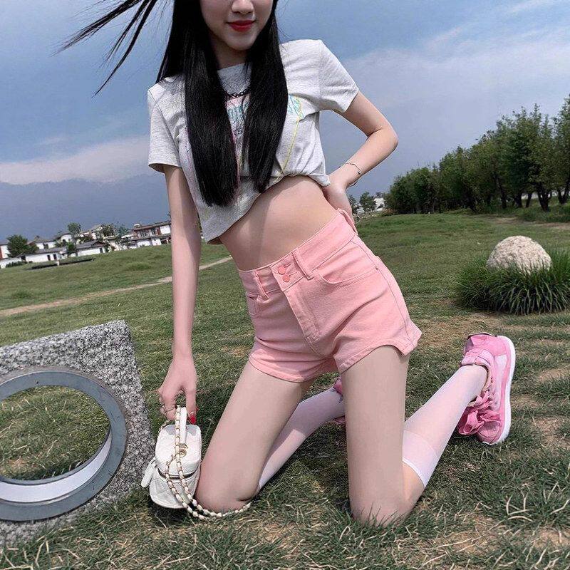 粉色潮流减龄牛仔短裤女2025夏季爆款高腰显瘦紧身a字直筒包臀裤