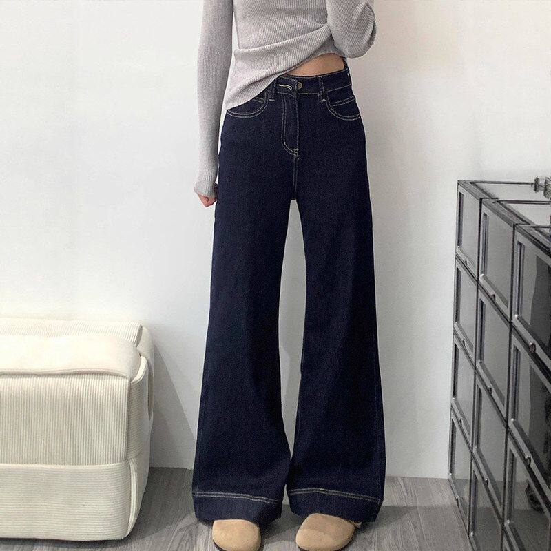 深蓝色丹宁微喇牛仔裤女2025春秋冬新款小个子高腰显瘦马蹄喇叭裤