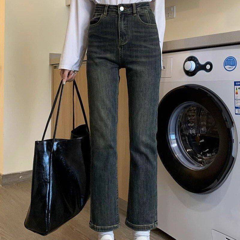 水泥灰复古小直筒牛仔裤女春季高腰修身显瘦小众设计感九分烟管裤