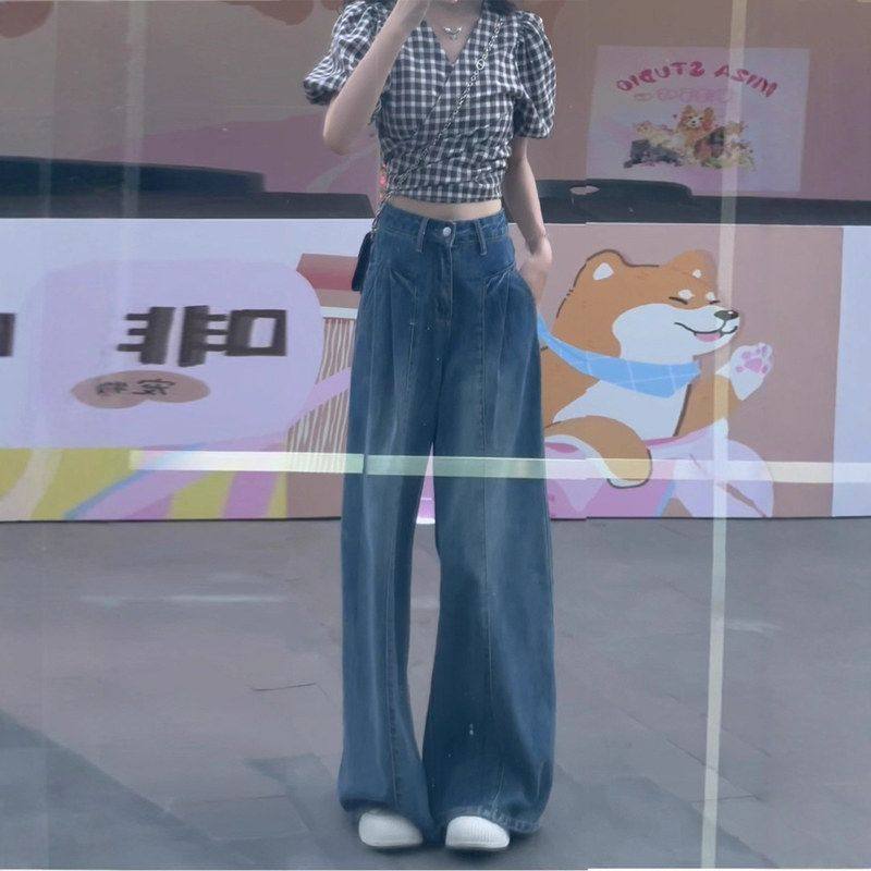 大码复古蓝阔腿牛仔裤女2025秋季薄款胖mm高腰宽松显瘦垂感直筒裤