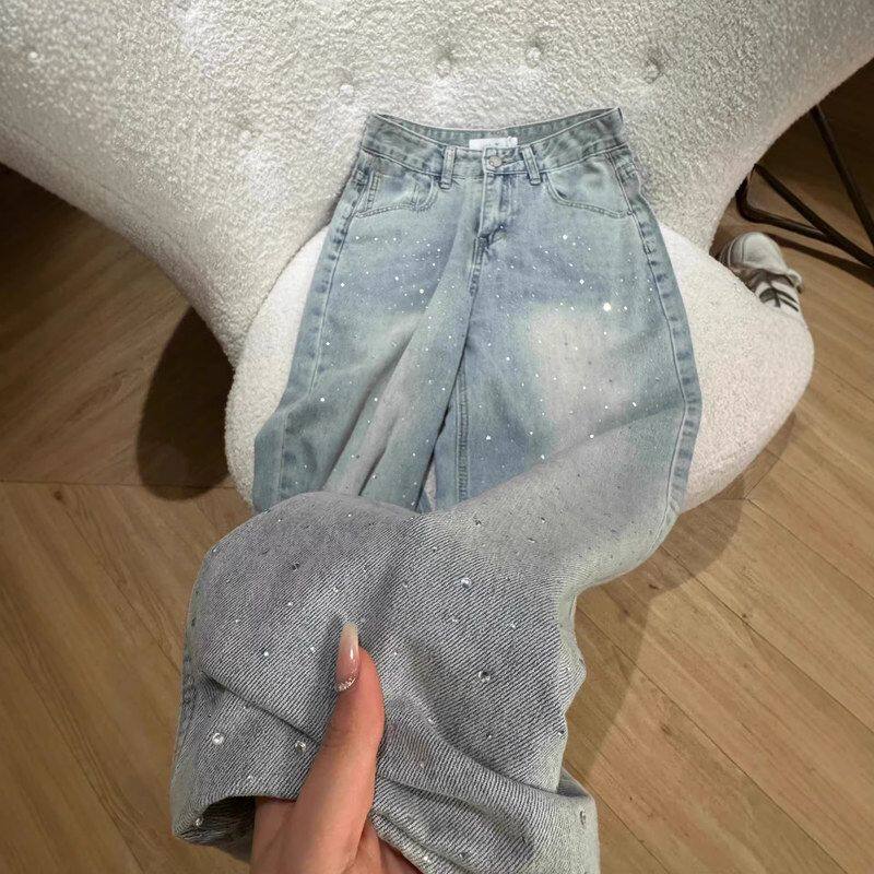 满天星烫钻牛仔裤女冬季新款宽松加绒直筒裤带钻设计感窄版阔腿裤