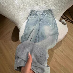满天星烫钻牛仔裤女冬季新款宽松加绒直筒裤带钻设计感窄版阔腿裤