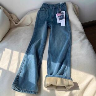 加绒加厚宽松直筒牛仔裤女2025复古高腰显瘦垂感拖地窄版阔腿裤