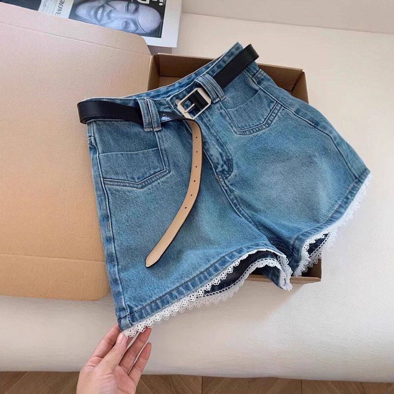 百搭花边高腰蕾丝牛仔短裤女夏季新款简约宽松大码时尚直筒阔腿裤