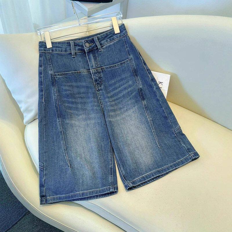 蓝色阔腿五分牛仔短裤女夏季薄款高腰宽松显瘦a字阔腿直筒中裤潮