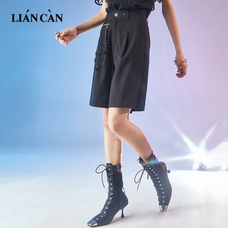 莲灿2025原创设计简约百搭修身宽松高腰梭织中裤五分裤7121257002