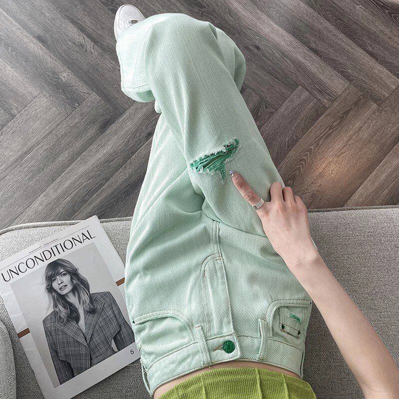 撞色破洞阔腿牛仔裤女2024秋季新款大码胖mm高腰宽松显瘦直筒裤子