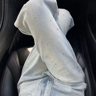 爆款亮闪闪烫钻直筒牛仔裤女设计感高腰宽松显瘦窄版阔腿裤ins风