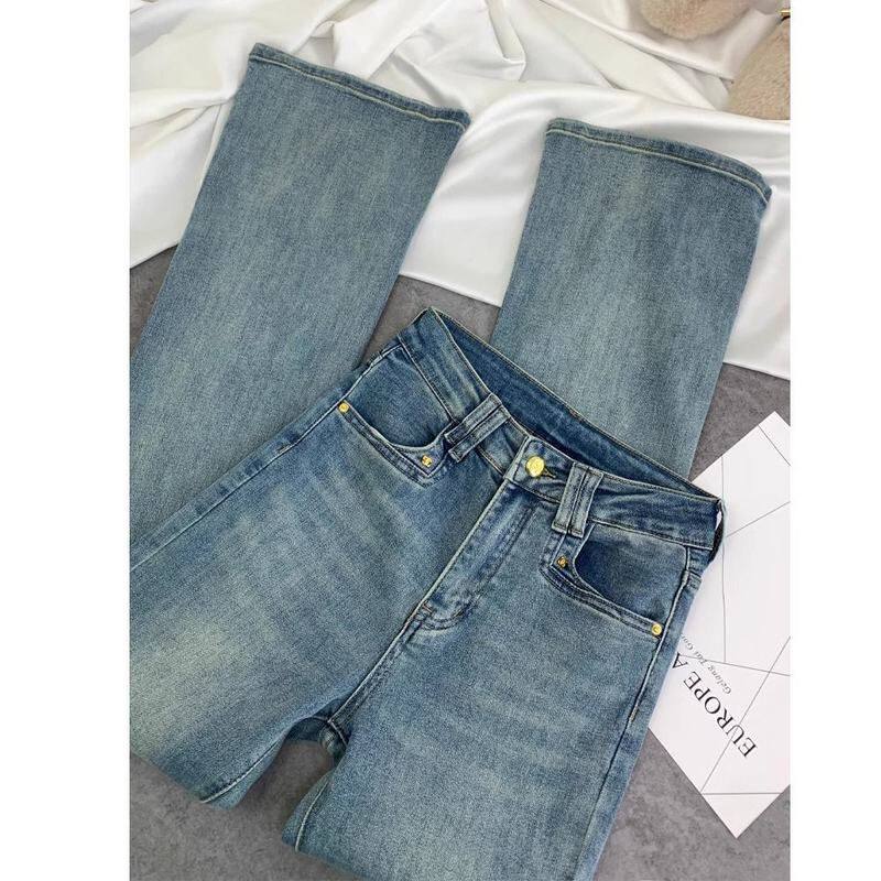 美式气质高腰微喇叭牛仔裤女2024秋冬新款辣妹修身显瘦马蹄长裤潮