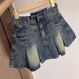 牛仔百褶裙女夏季2025新款美式复古短裙高腰显瘦防走光a字半身裙