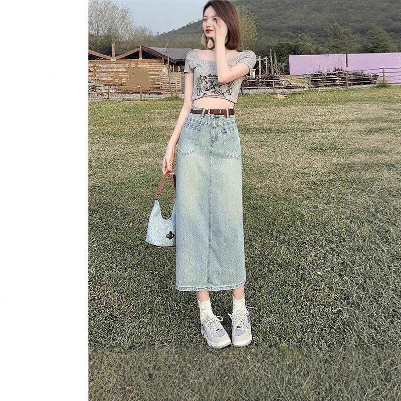 复古浅色牛仔半身裙女夏季薄款新款高腰a字胖mm遮胯显瘦中长裙ins