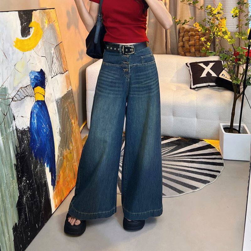 复古蓝阔腿牛仔裤女士秋季新款高腰排扣宽松百搭裤子直筒长裤显瘦