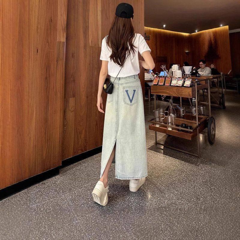 高腰牛仔半身裙女2025夏季新款韩版宽松显瘦中长款开叉A字包臀裙