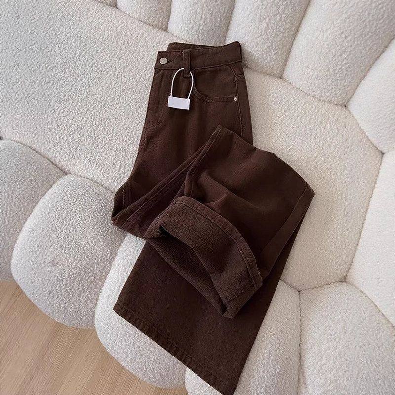 美式复古咖色加绒加厚阔腿牛仔裤女冬季大码胖mm宽松窄版直筒长裤