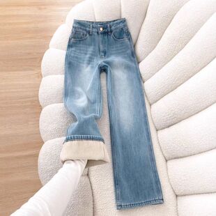 浅蓝色加绒加厚直筒牛仔裤女冬季新款大码胖mm梨形百搭显瘦阔腿裤