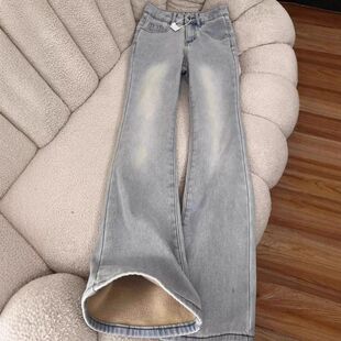 浅蓝色加绒保暖微喇叭牛仔裤女冬季新款水洗高腰弹力小个子马蹄裤