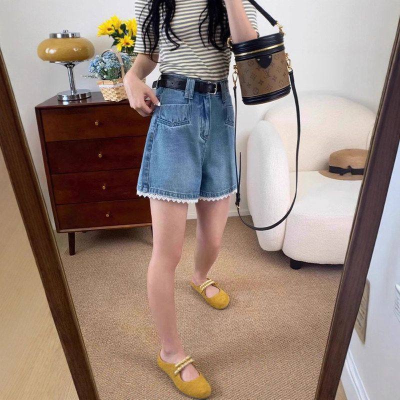 蕾丝花边牛仔短裤女夏新款大码胖mm显瘦高腰梨型身材a字阔腿热裤